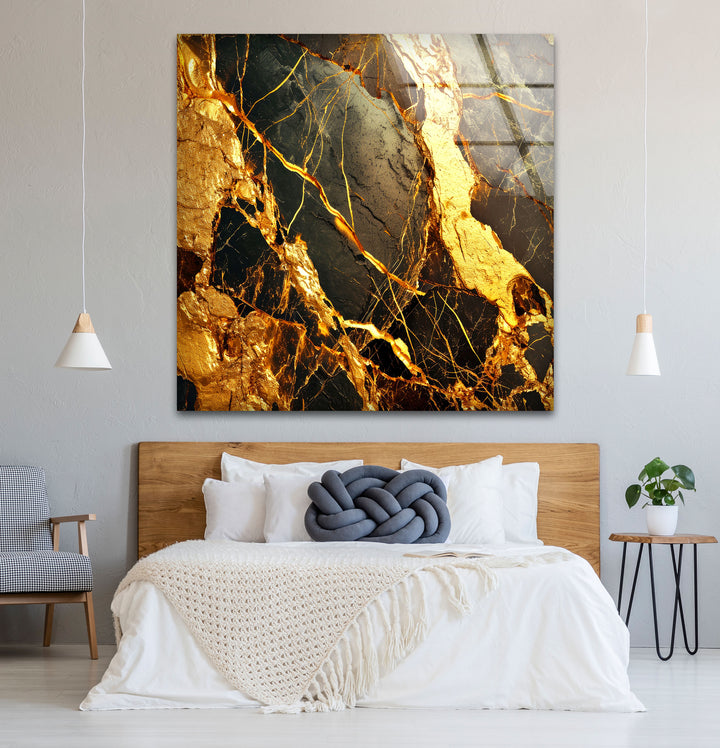 Gold Marble Abstract Wall Art – Luxury Black and Gold Glass Print Design