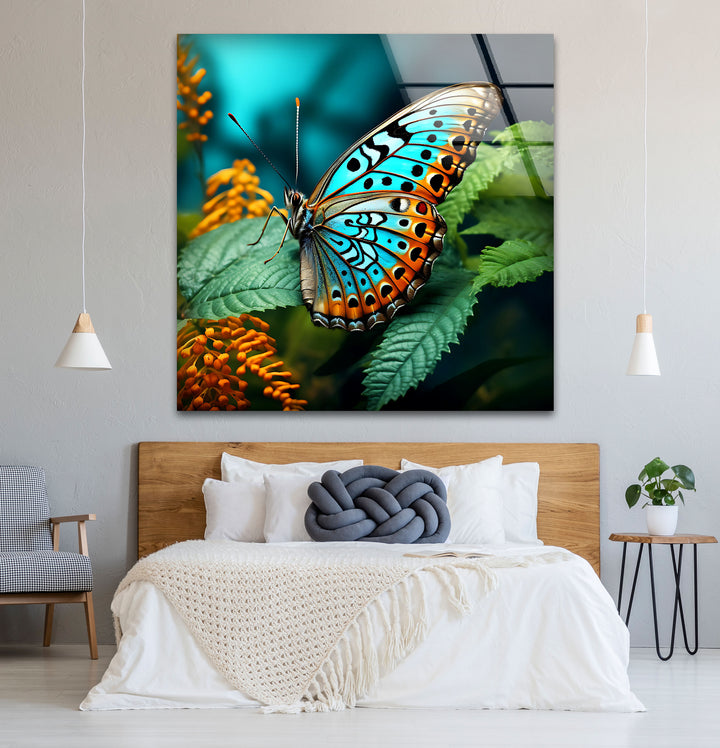 Blue Monarch Glaswandkunst – Lebendiger Schmetterling auf Blattdruck 