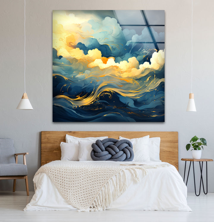 Goldener Himmel &amp; Meereswellen Wandkunst – Abstrakter Glasdruck von Dreamy Horizon 