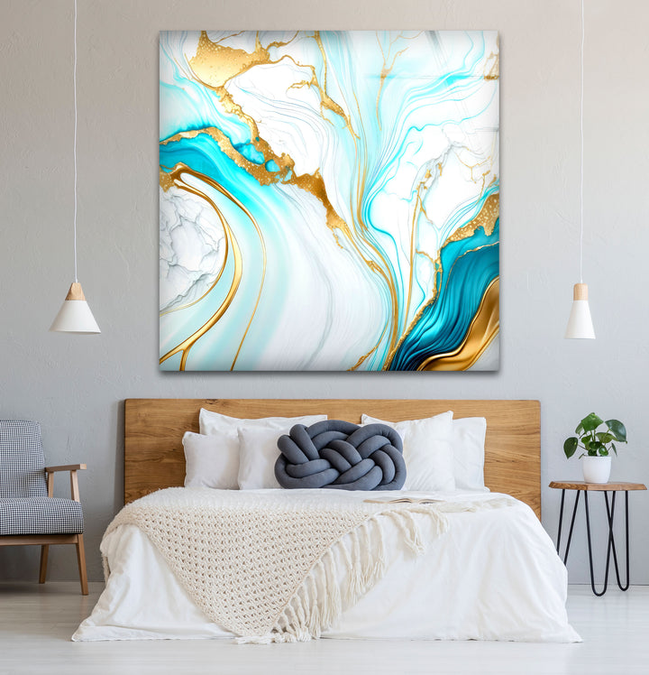 Wandkunst aus blauem und goldenem Marmor – Eleganter, fließender abstrakter Glasdruck