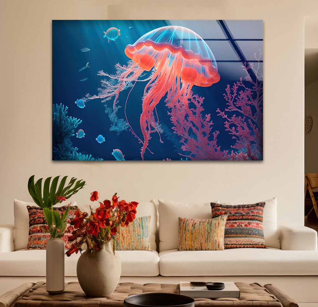 Neon Quallen Wandkunst – Unterwasser Ozean Szene Glas Druck Dekor