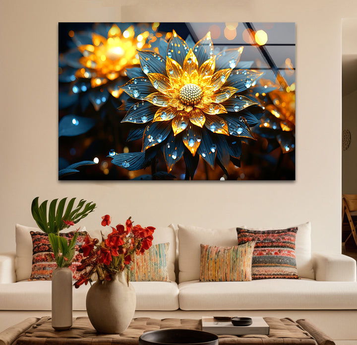 Golden Glow Floral Wall Art – Illuminated Flower Glass Print Design