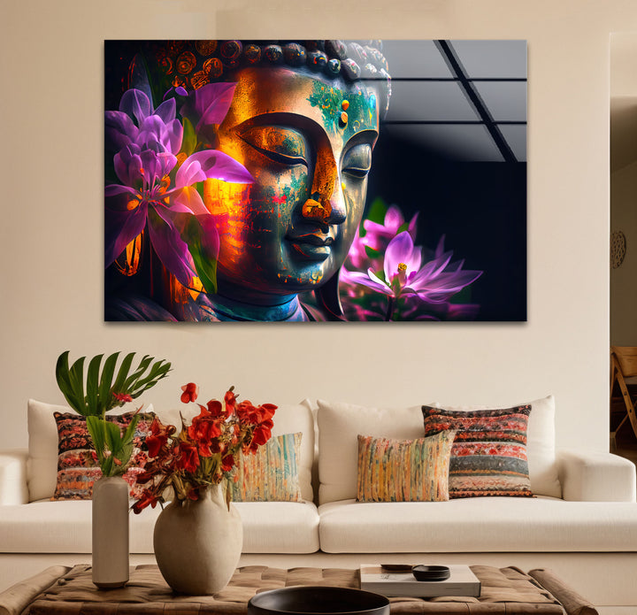 Colorful Buddha Wall Art – Floral Enlightenment Glass Print