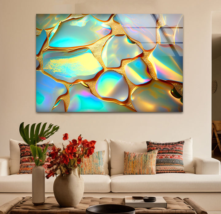 Iridescent Abstract Wall Art – Gold and Rainbow Glass Print Design