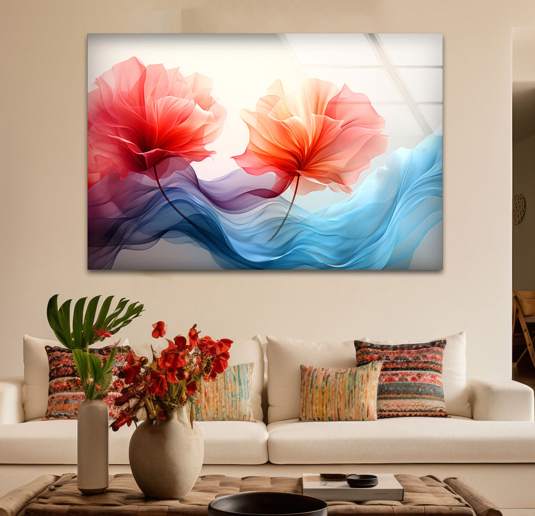 Twin Petal Flow Glass Wall Art – Abstract Floral Beauty in Motion