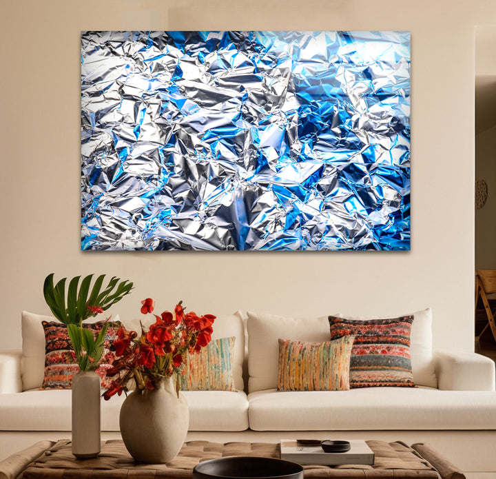 Crinkled Silver Foil Wall Art – Abstract Metallic Texture Glass Print