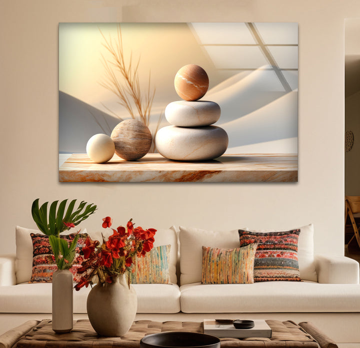 Zen Balance Glaswandkunst – Minimalistische Steinskulptur im Wüstenlicht 