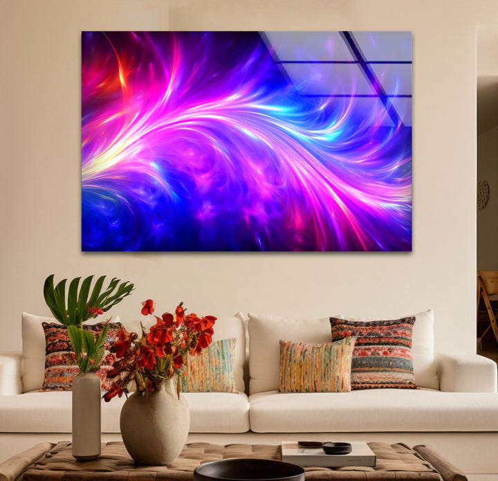 Wandkunst mit kosmischer Energie – Lebendiger abstrakter Glasdruck mit Neonwirbel 