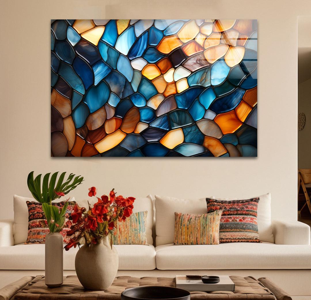Wandbild mit Buntglasmuster – Abstrakter blauer und bernsteinfarbener Glasdruck 