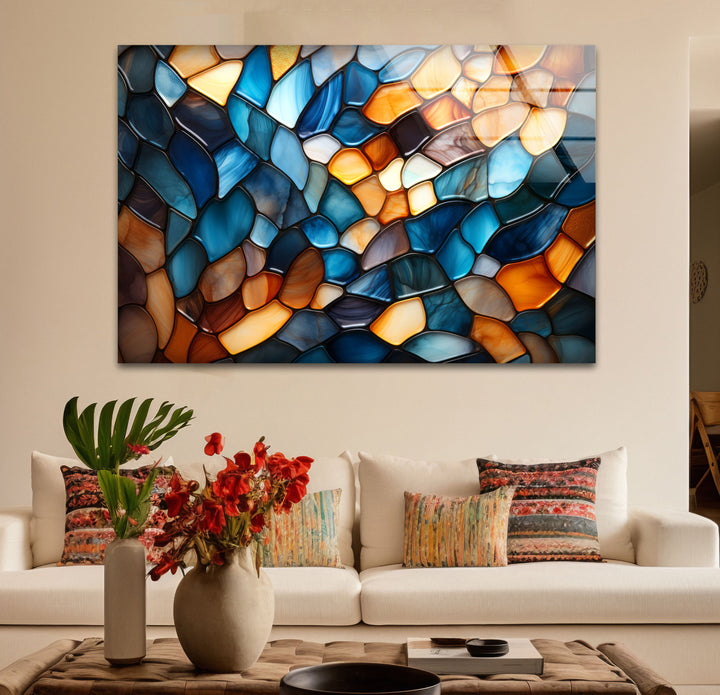 Wandbild mit Buntglasmuster – Abstrakter blauer und bernsteinfarbener Glasdruck 