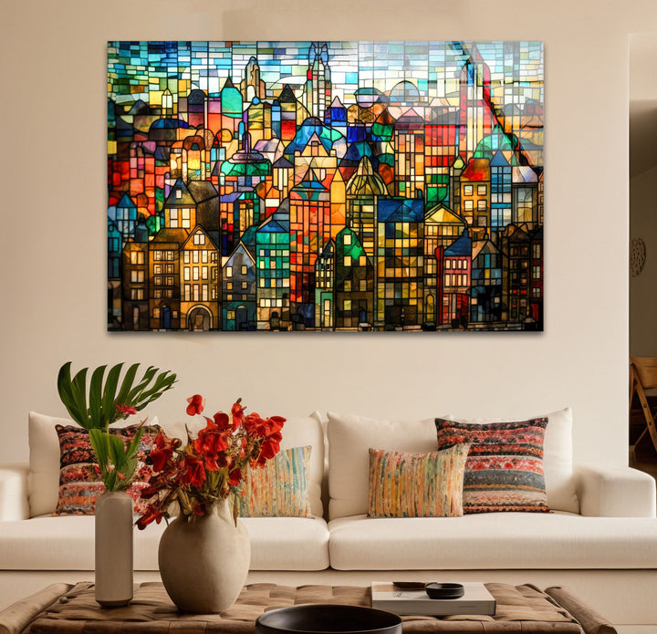 Bunte Stadtwandkunst aus Buntglas – Urban Skyline Glasdruck-Design