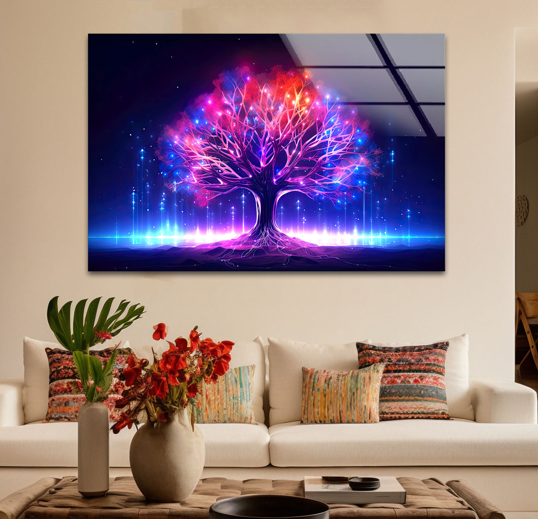 Leuchtende Fantasy-Baum-Wandkunst – Abstraktes Glasdruckdesign mit Neonlicht