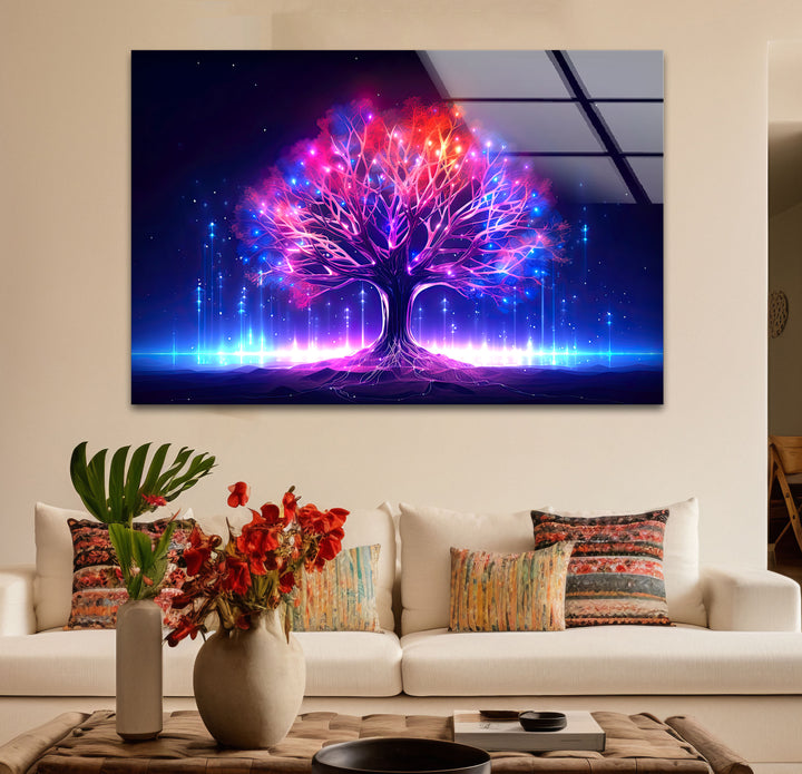 Leuchtende Fantasy-Baum-Wandkunst – Abstraktes Glasdruckdesign mit Neonlicht