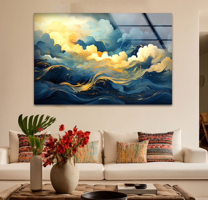 Goldener Himmel &amp; Meereswellen Wandkunst – Abstrakter Glasdruck von Dreamy Horizon 