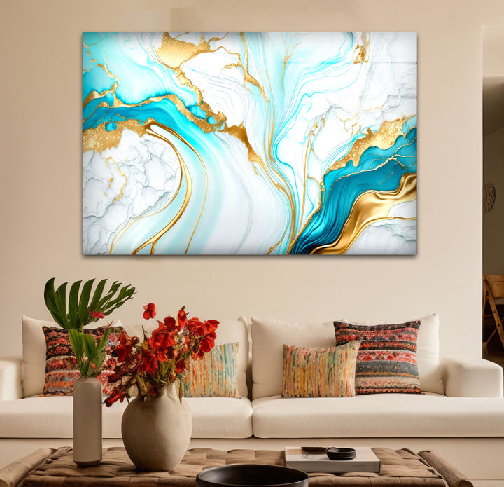 Wandkunst aus blauem und goldenem Marmor – Eleganter, fließender abstrakter Glasdruck