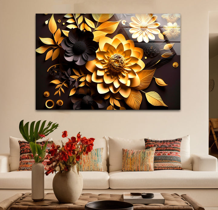 Golden Bloom Florale Wandkunst – Dekor aus gehärtetem Glas in Schwarz und Gold