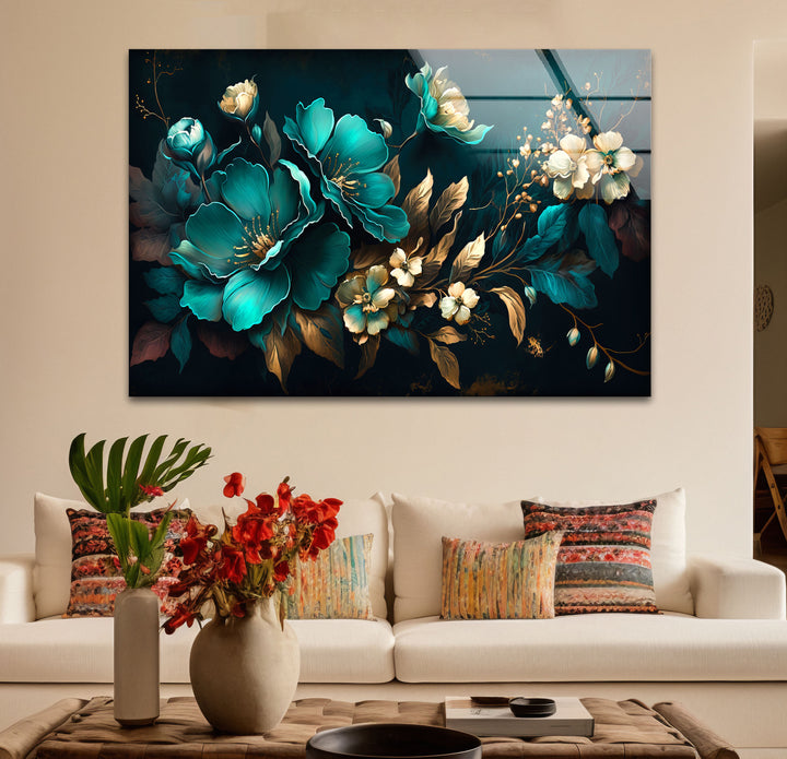 Blaugrüne und goldene florale Wandkunst – Luxuriöses botanisches Glasdruckdesign
