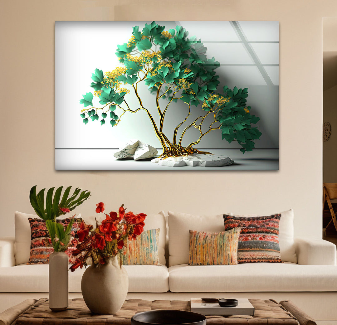 Elegante grüne Baum-Wandkunst – Goldener botanischer Glasdruck mit Marmorsockel