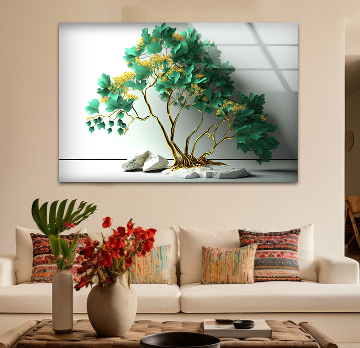 Elegante grüne Baum-Wandkunst – Goldener botanischer Glasdruck mit Marmorsockel