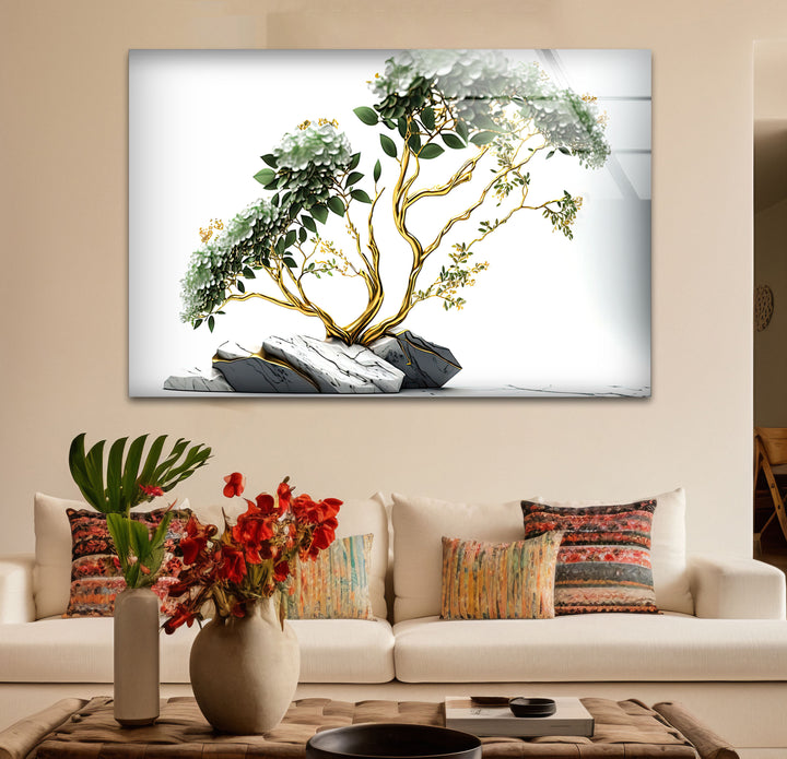 Goldene Bonsai-Baum-Wandkunst – Weißer Blumenglasdruck mit Marmorsteinen
