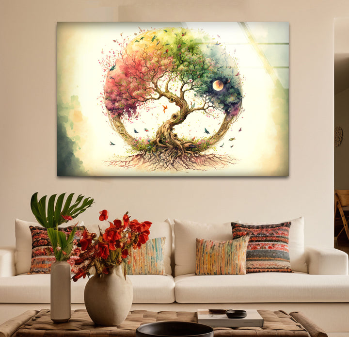 Regenbogen-Baum des Lebens Wandkunst – Wunderliches Aquarell-Glasdruck-Design