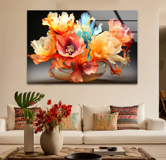 Foreground vases hold foliage and flowers, complementing the 'Color Bloom' floral abstract print that demonstrates best glass art for adding vibrancy to your wall decor.