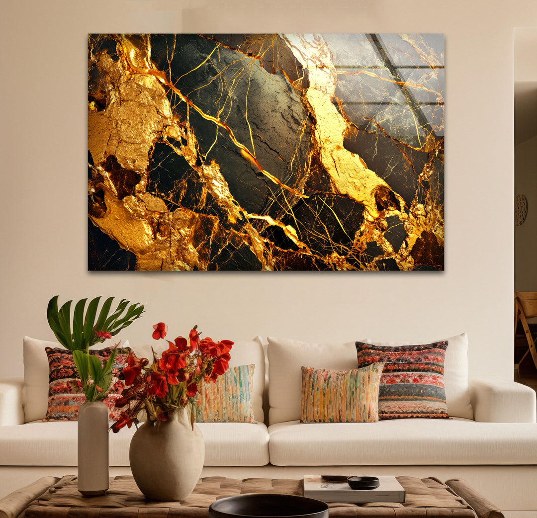 Gold Marble Abstract Wall Art – Luxury Black and Gold Glass Print Design