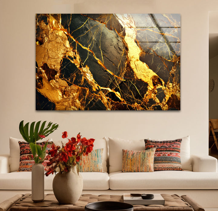 Gold Marble Abstract Wall Art – Luxury Black and Gold Glass Print Design