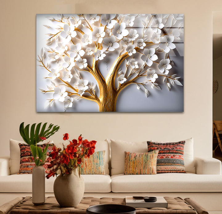 Golden Blooming Tree Wandkunst – Weißer Blumenglasdruck für elegantes Dekor