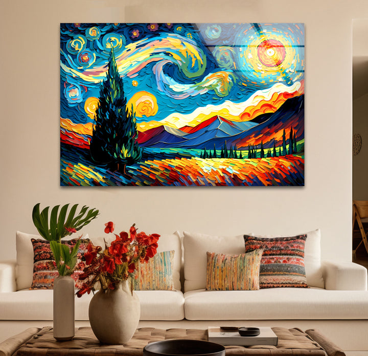 Sternennacht-Landschaftswandkunst – Van Gogh inspirierter bunter Glasdruck
