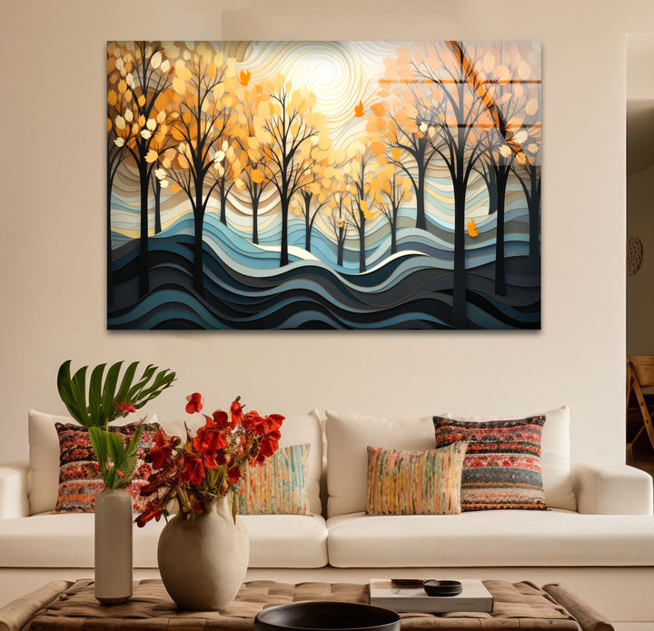 Golden Forest Glass Wall Art – Autumn Trees Abstract Landscape Decor