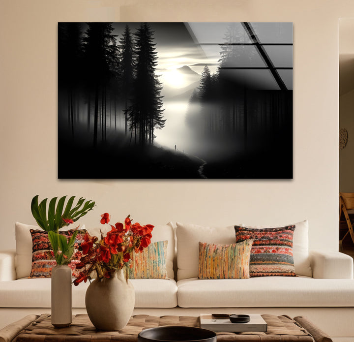 Foggy Forest Black and White Wall Art – Minimalist Glass Print Decor