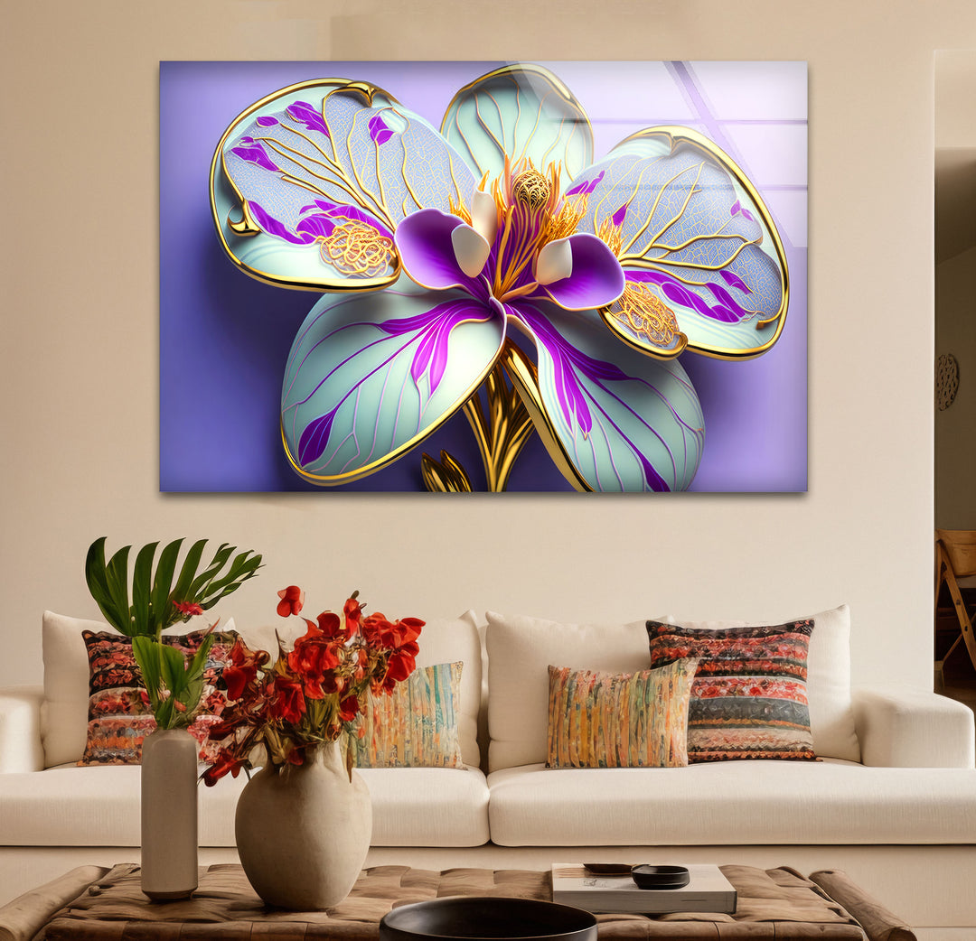 Luxuriöse Wandkunst mit Orchideenblüte – Lila- und Goldblumen-Glasdruck
