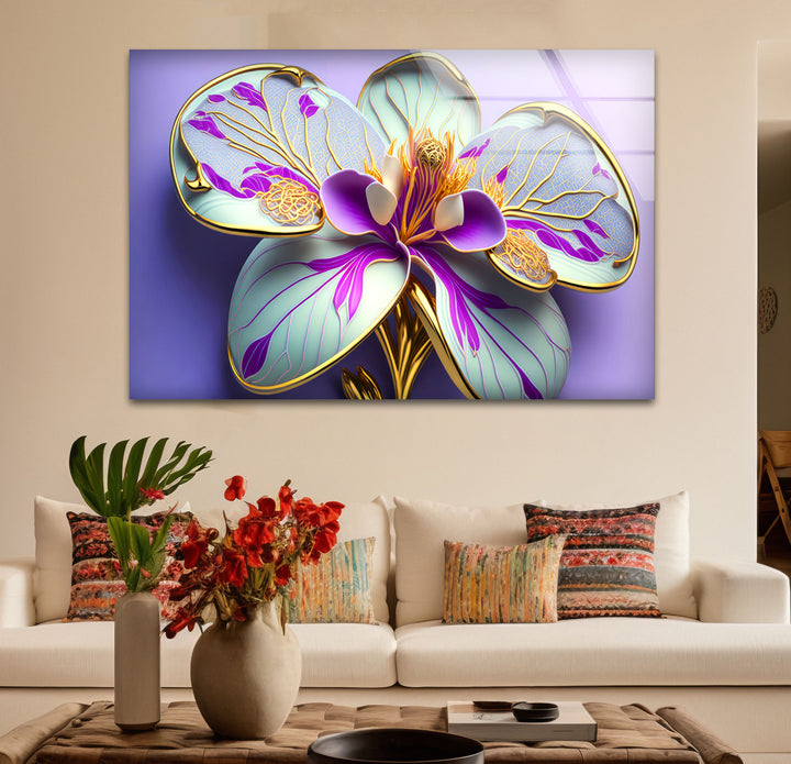 Luxuriöse Wandkunst mit Orchideenblüte – Lila- und Goldblumen-Glasdruck
