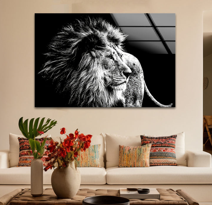 Black and White Lion Wall Art – Majestic Wildlife Glass Print Design