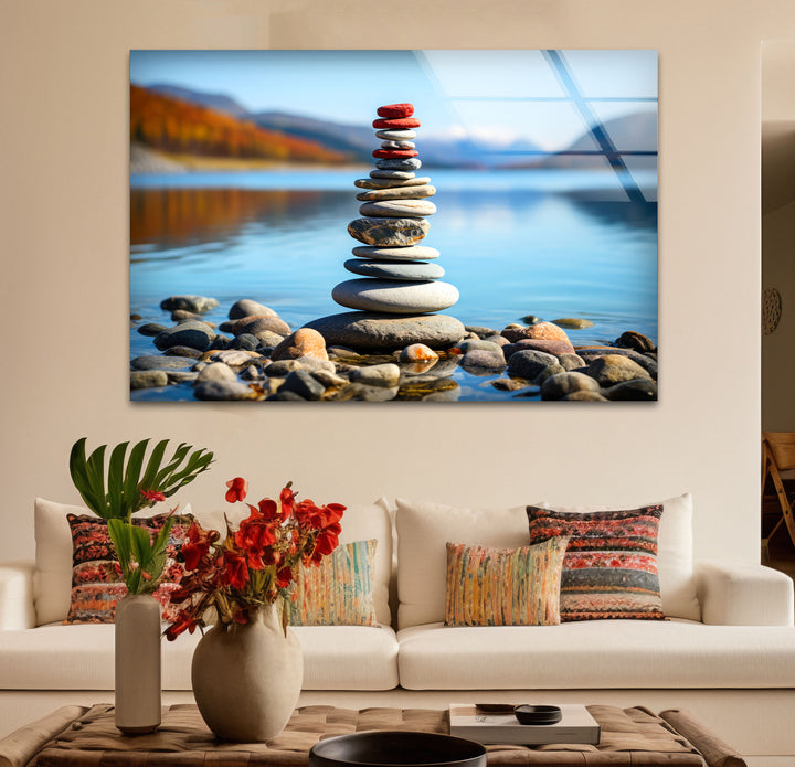 Stacked Stones Glass Wall Art – Tranquil Lake Balance Scene