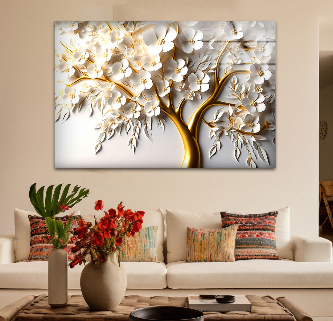 Golden Blossom Tree Wandkunst – Weißes Blumenglaskunstwerk für elegantes Dekor