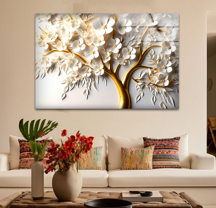 Golden Blossom Tree Wandkunst – Weißes Blumenglaskunstwerk für elegantes Dekor