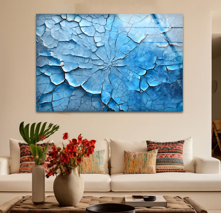 Cracked Ice Abstract Wall Art – Blue Textured Glass Print Design