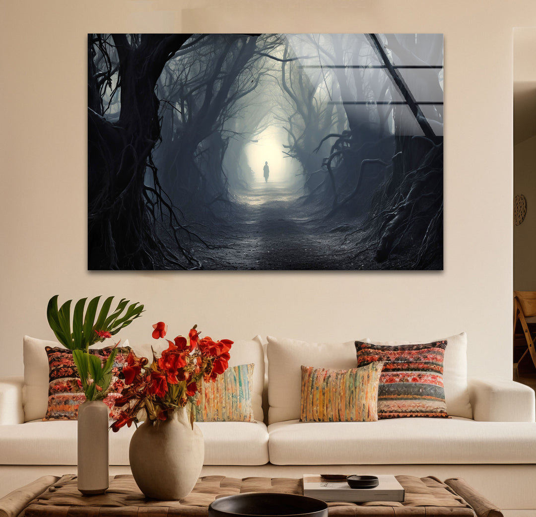Geheimnisvoller Waldweg Wandkunst – Dunkler Fantasy-Glasdruck für die Inneneinrichtung 