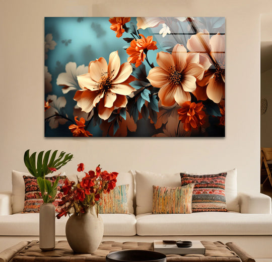 Curving petals and stems create dynamic organic forms in this stunning orange bloom floral wall art prints on tempered glass, perfect for adding a botanical touch.