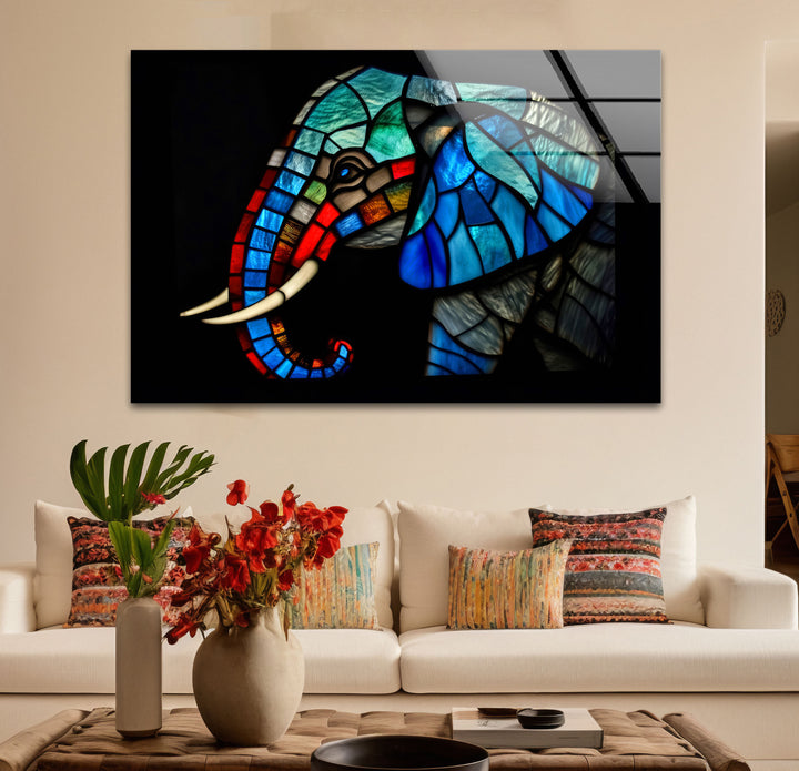 Blaue Elefanten-Wandkunst aus Buntglas – Farbenfrohes Tier-Glasdruck-Design