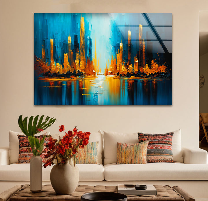 Blue and Gold Abstract City Wall Art – Vibrant Skyline Glass Print