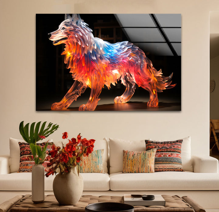 Glowing Wolf Wall Art – Abstract Fiery Glass Sculpture Print Design