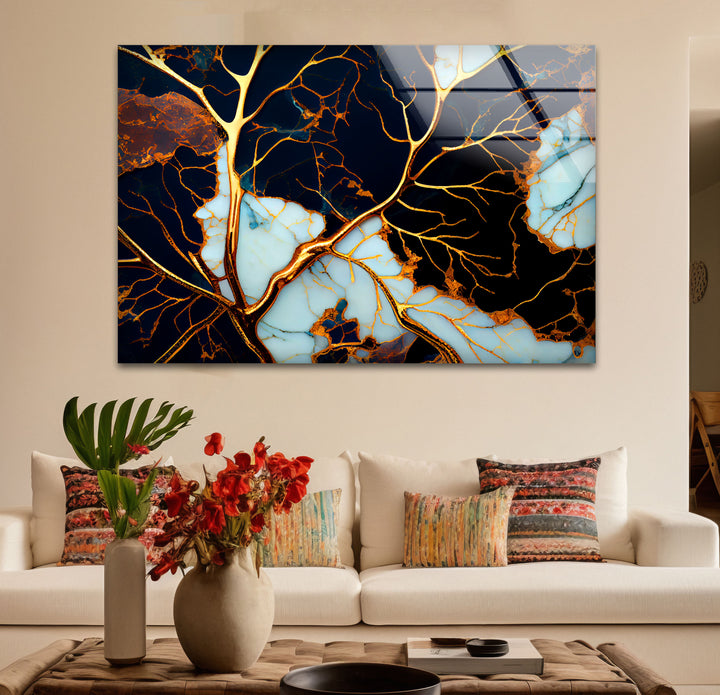 Electric Veins Abstrakte Wandkunst – Goldmarmor-inspirierter Glasdruck