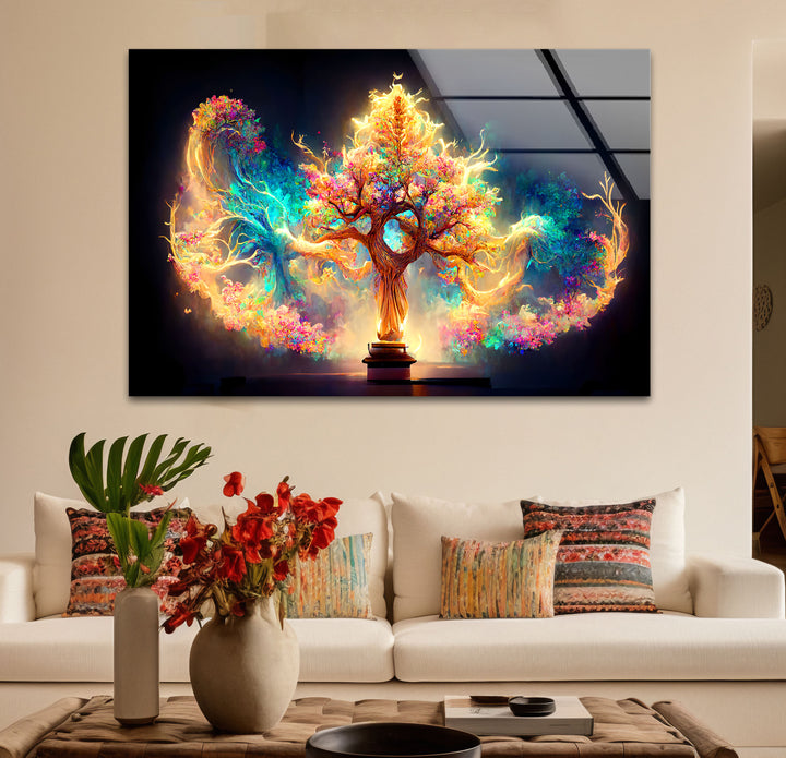 Fantasy-Baum des Lebens Wandkunst – Strahlendes, magisch leuchtendes Glasdruck-Design