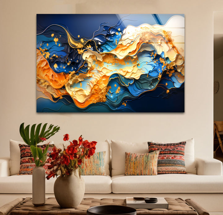 Blue Gold Abstract Wave Wall Art – Modern Fluid Glass Print for Interior Elegance