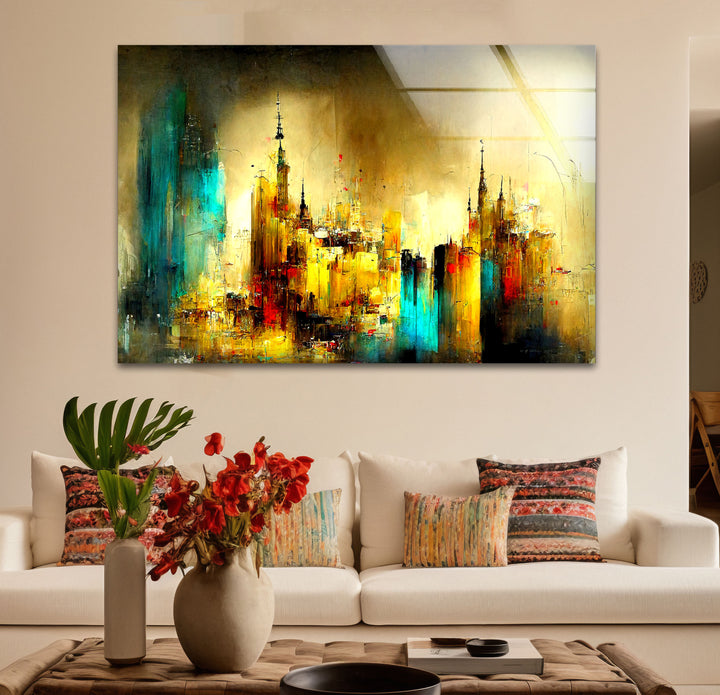Abstract Cityscape Wall Art – Golden and Teal Urban Glass Print Design
