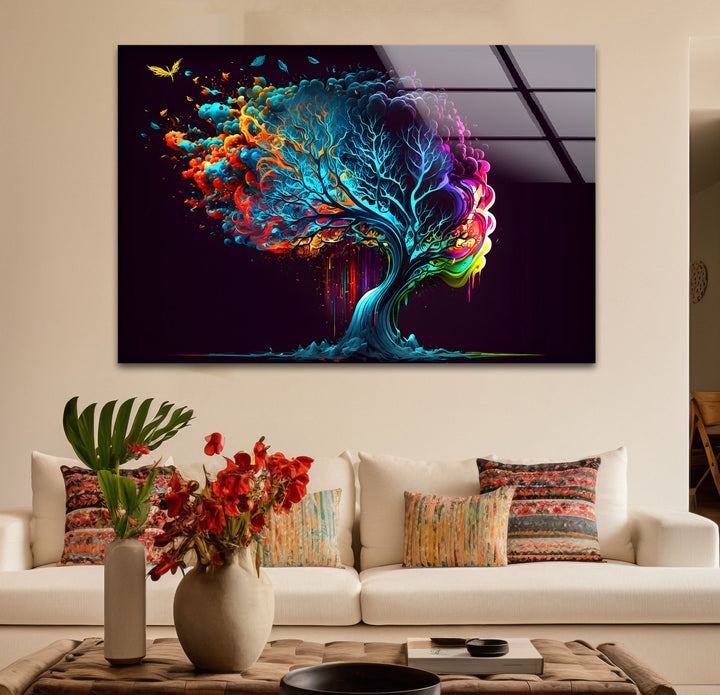 Farbenfrohe Fantasy-Baum-Wandkunst – Lebendiges abstraktes Glasdruck-Design