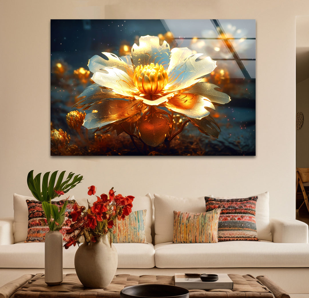 Golden Bloom Glass Wall Art – Luminous Abstract Flower Print